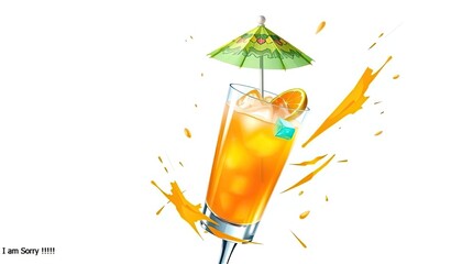 Tall glass of orange cocktail with umbrella and splashes on white background