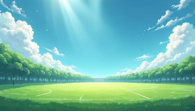 Anime style soccer field illustration. Green grass, blue sky with clouds, trees surrounding field. Ideal background design. Suitable for children books, posters, game backgrounds. Sport, soccer,