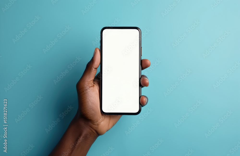 Poster hand holding smartphone with blank white screen against blue background. black skin person uses mobi