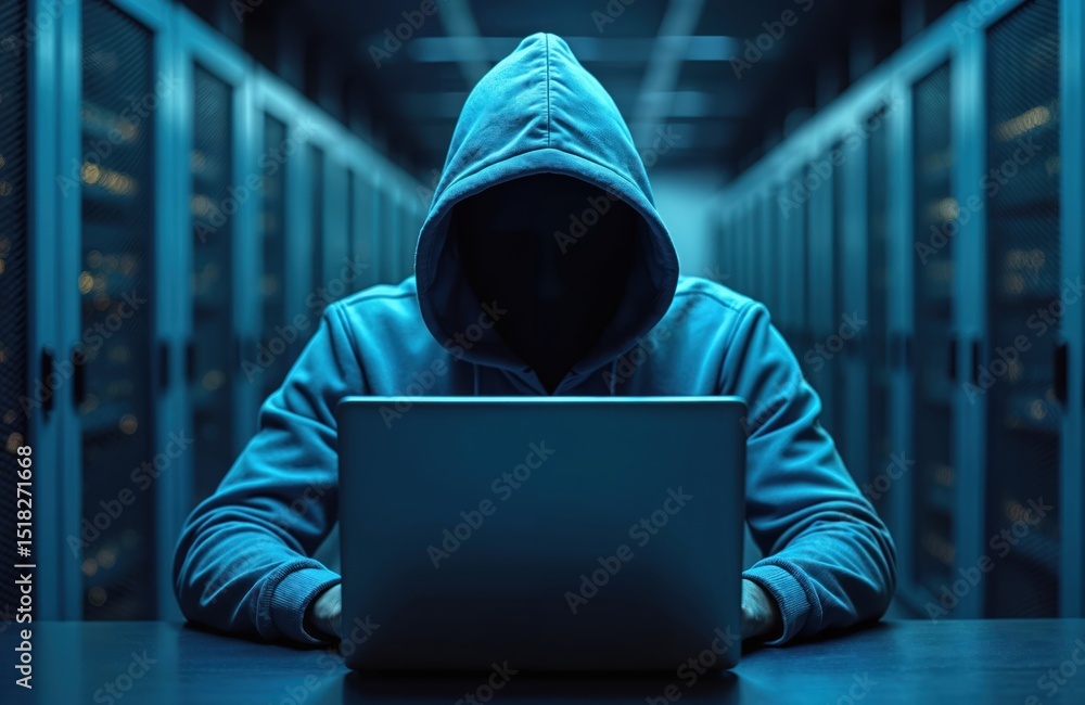 Poster Anonymous hacker with laptop in data center. Dark tech background. Cybercrime concept, phising, online scam, virus attack, information breach, security threat. Cyber security, digital privacy issues.