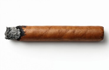 Brown hand-rolled cigar isolated on white background. Burning tobacco product. Luxurious lifestyle symbol. Cigars for relaxation, addiction, or celebration. Closeup top view.