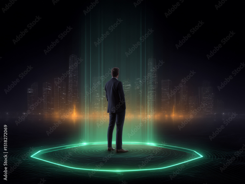 Poster man stands with confidence as he visualize holographic pitch deck in futuristic setting it scene bri