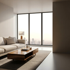 Modern living room with city view and beige couch