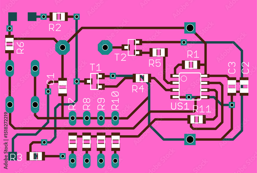 Poster vector printed circuit board of electronic device with components of radio elements, conductors and 