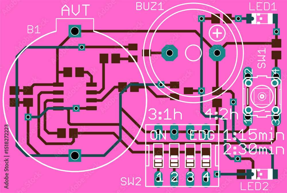 Poster vector printed circuit board of electronic device with components of radio elements, conductors and 
