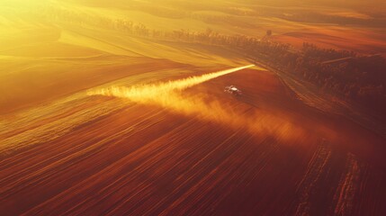 Aerial View of Tractor Spraying Field at Golden Hour