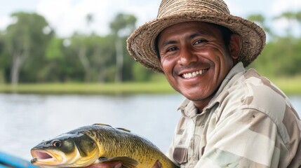 Fototapeta premium Smiling man in panama hat holding caught carp on boat