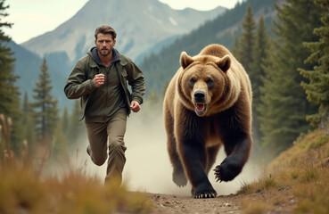 Fototapeta premium Man runs away from grizzly bear. Male in forest, fear, chase, survival, emergency, danger. Predator attack, wild, alone. Wildlife confrontation, panic, threat. Extreme sports or survival concept.