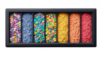 Makeup palette with vibrant colors and textures resembling candy sprinkles, offering a playful and creative approach to eye makeup with transparent background