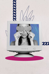 Banner collage of person close eyes heart in computer monitor with chain on grey background