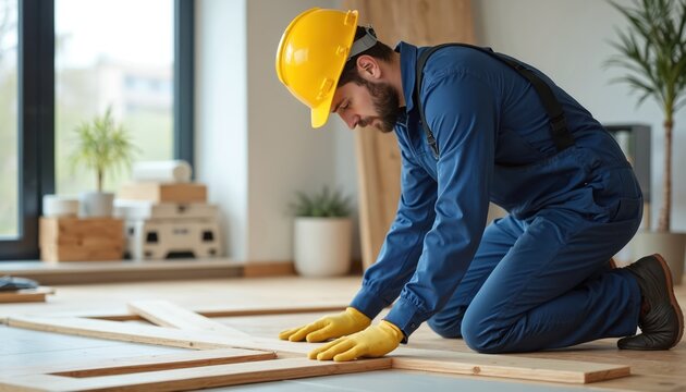 Construction worker wearing hardhat, gloves installs wooden floor in modern house. Home renovation, construction industry, interior design. Skilled pro carpenter, attentive to detail, working indoor.