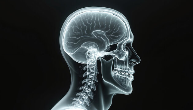 Medical x-ray of human head, skull, spine. Diagnostic scan showing anatomy, brain. Radiology, healthcare, medical science, doctor examines patient head. Brain injury concept.