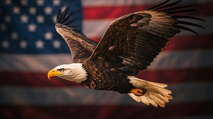 A majestic bald eagle soars majestically in front of a dramatically waving American flag backdrop representing freedom and national pride with powerful wings outstretched.