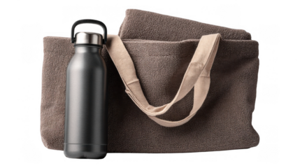 Modern gym bag with towel and reusable water bottle promoting a healthy and active lifestyle, isolated on transparent background, perfect for fitness and wellness projects
