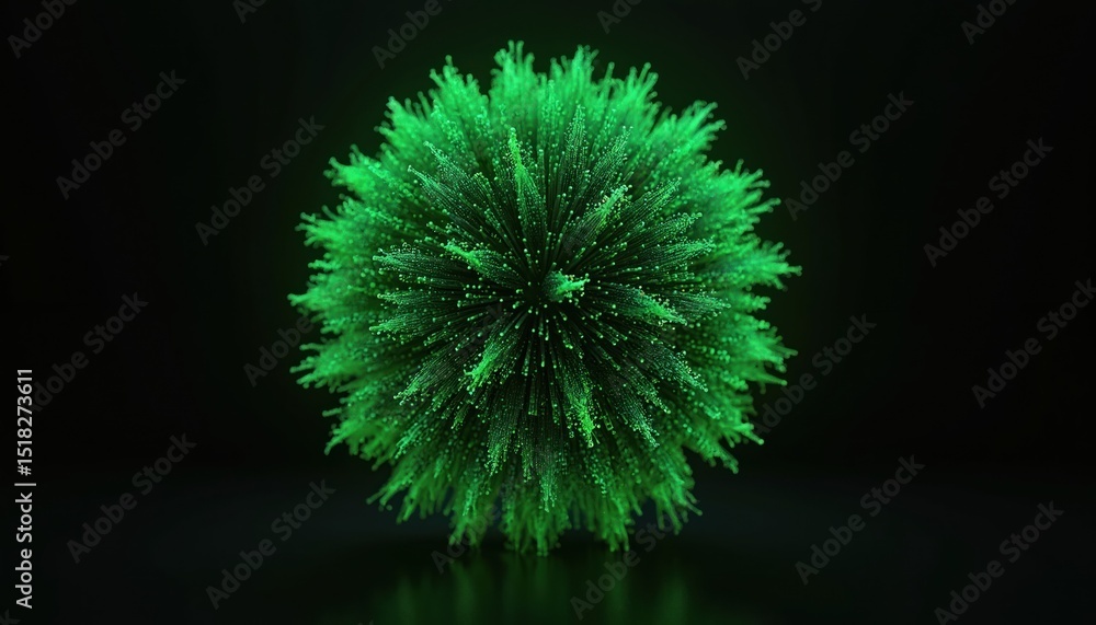 Poster Abstract 3D illustration of green sphere on black background. Object consists of dynamic flickering particles. Science concept for logo title presentation. 3D animation.