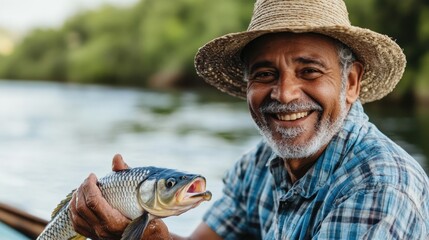 Fototapeta premium Smiling man in panama hat holding caught carp on boat