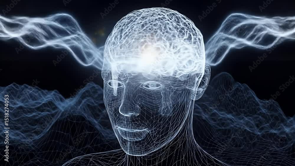 Poster conceptual head with glowing brain activity abstract visualization