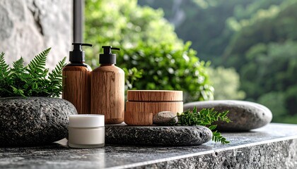 Eco-Friendly Skincare Products on Natural Bathroom Counter with Stone and Greenery Elements