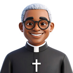 Super minimal, 3D cartoon character, joyful Christian priest avatar, white collar on black Isolated on transparent background