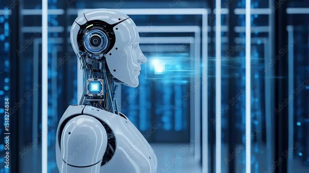 Poster observing humanoid robot profile in data center futuristic slow motion