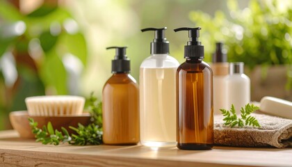 Sustainable Skincare Products Arranged on Bathroom Counter with Stone, Wood, and Plant Accents