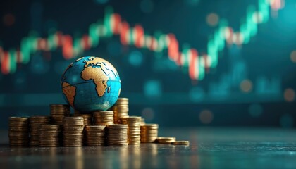 Global economic recession concept. Globe on coins stacks with financial graph background. Investment risks, currency depreciation, global finance, business downturn. Financial crisis, stock market