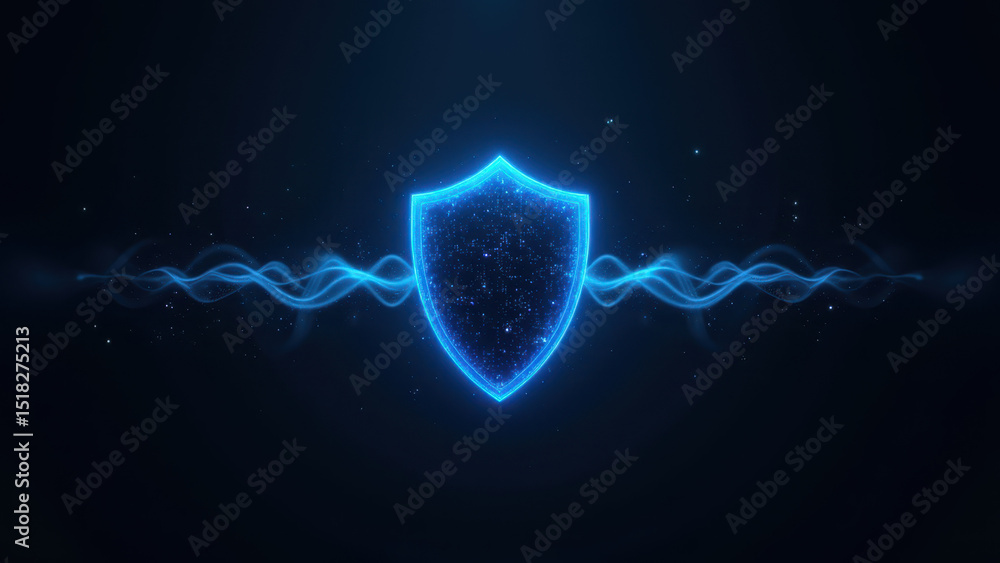 Poster animated graphic representing cybersecurity with a shield symbol and starburst effects.