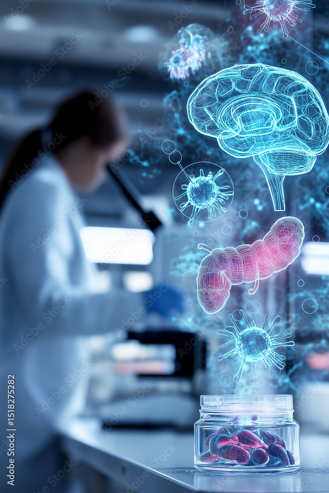 Aufkleber gut brain axis. medical lab scene analyzing a stool sample with neural technology.