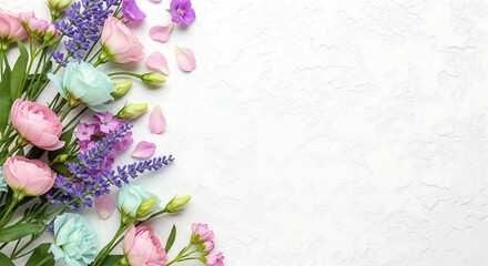 Pastel Flower Border on White Background: Delicate Floral Arrangement