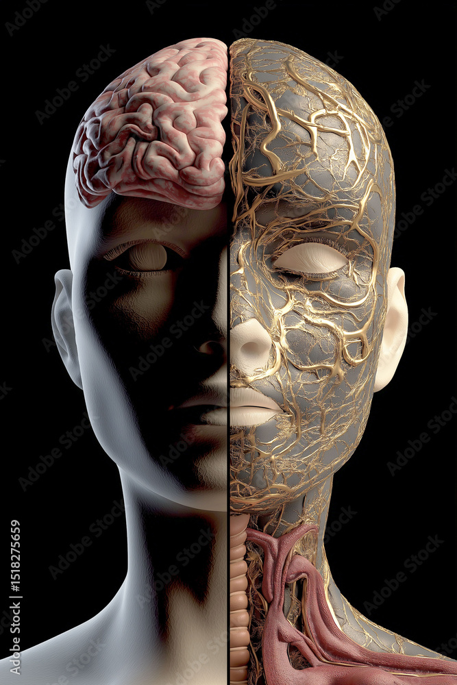 Poster gut brain axis. image of a split face showing brain and intestine connection.