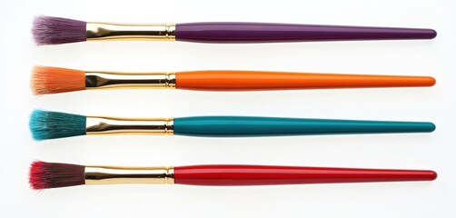 Fototapeta premium Top view colorful paint brushes set isolated on white background. Brushes with different vibrant colors for painting, drawing, artist tools for school, art class, studio, hobby.