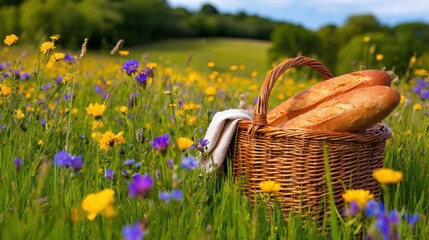 Freshly baked bread loaves resting in a rustic basket amidst a vibrant wildflower meadow