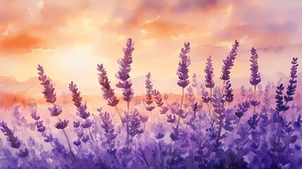 Naklejka premium Dreaming of lavender fields at sunset with a gentle breeze a fragrant purple escape in a watercolor painting with soft
