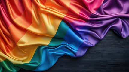 Beautiful pride flag crafted from lustrous satin, draped artistically against a dark wood background.