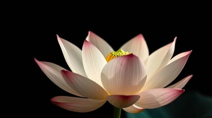 Close-up of a white and pink lotus flower with yellow center on a black background