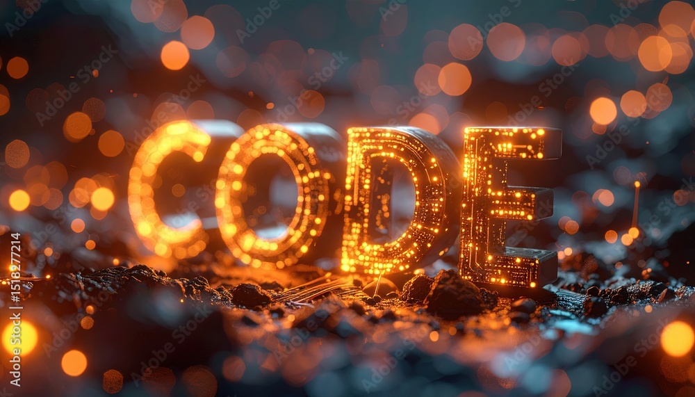 Poster illuminated word code amidst sparkling background