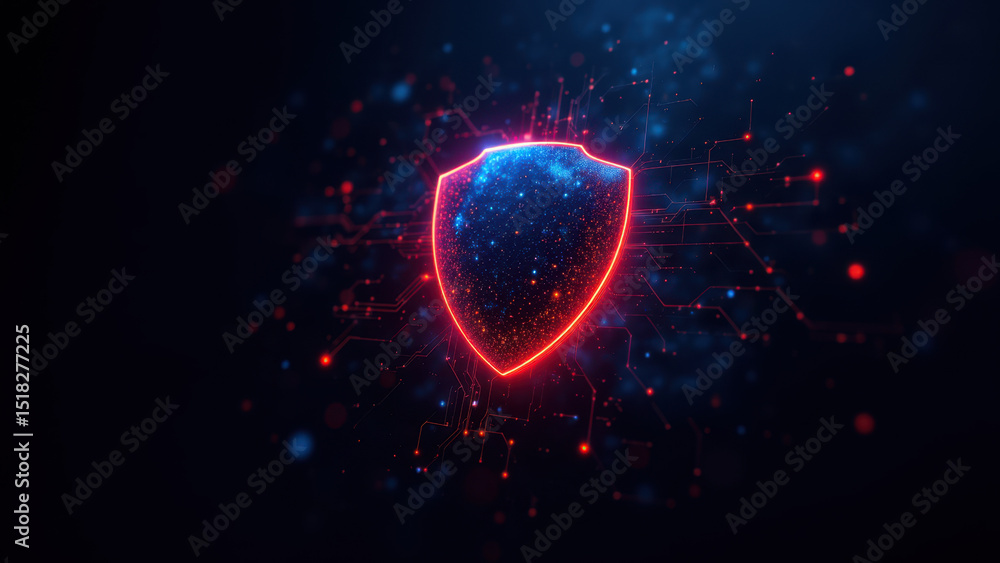 Poster a digital illustration featuring a shield symbolizing cyber protection within a network of interconn