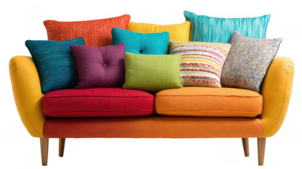 Vibrant and cozy sofa with multiple colorful cushions is presented on a transparent background, showcasing a cheerful and inviting atmosphere perfect for interior design or home decor projects