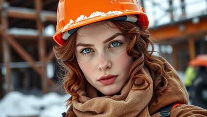 Serious young woman with curled hair and in construction helmet at construction site on winter day and in brown clothes