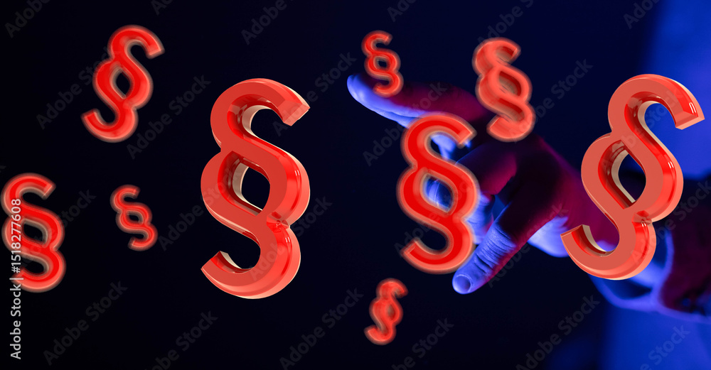 Poster abstract image of red paragraph symbols hovering near a hand, representing legal concepts.