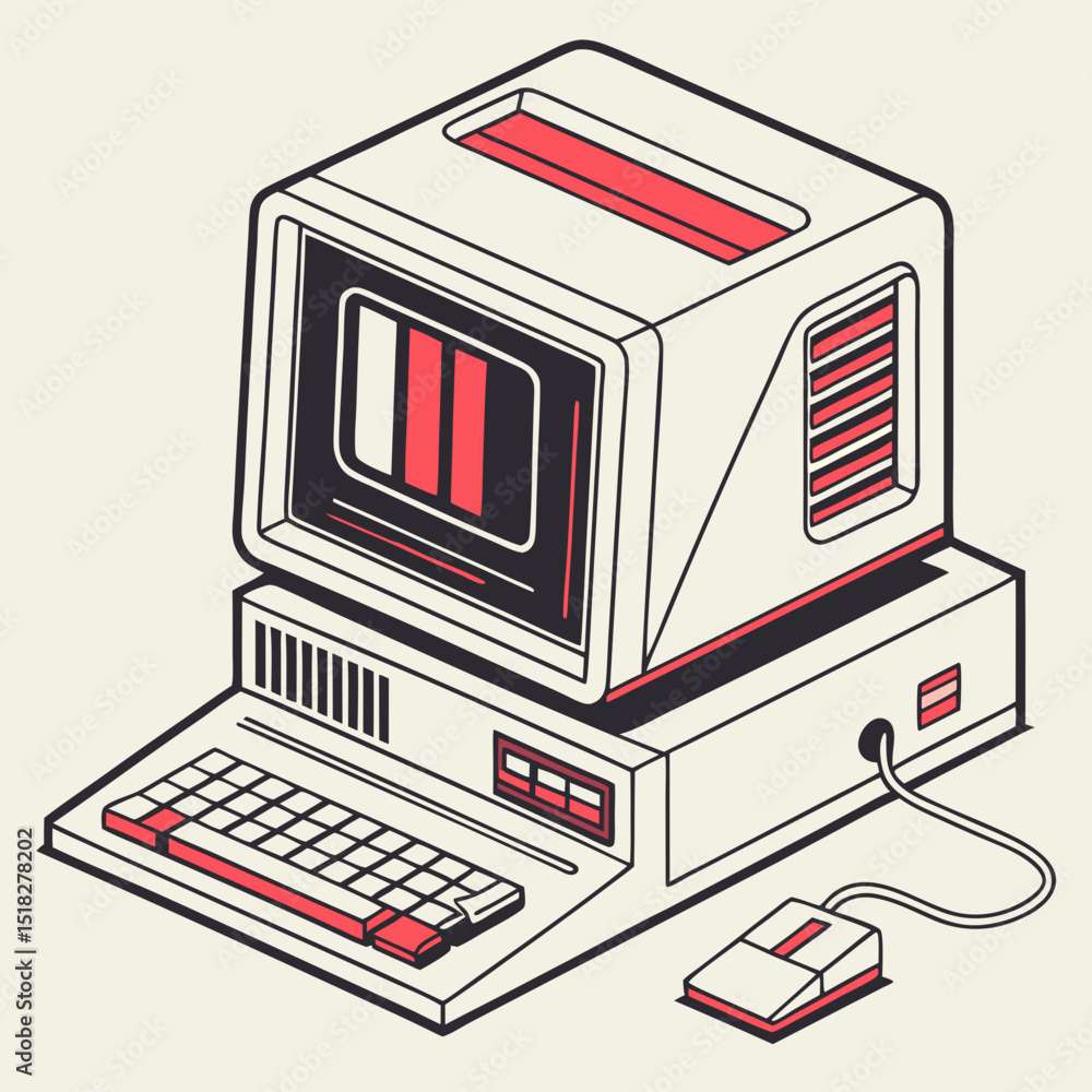 Poster retro computer illustration with keyboard and mouse showcasing vintage technology design