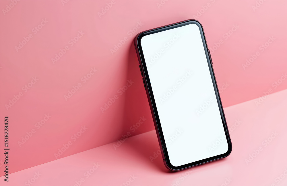 Poster Modern black smartphone with a blank white screen leans against a pink wall. The device has a sleek design and a large display. This tech photo is perfect for app demos or UI design.