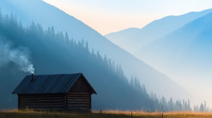 Serene log cabin in a misty mountain landscape with smoke rising from the chimney