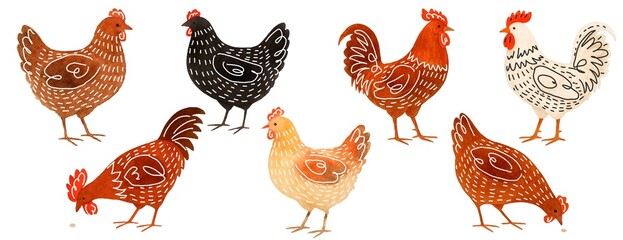Watercolor Chicken minimalistic set freehand illustration isolated on a white background. Hand drawn a child's  watercolour drawing of a ornament chick. Clipart farm animal for design. © Julia
