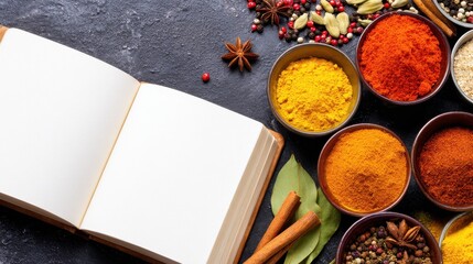 Colorful spices arranged around an open recipe book on a dark surface, inviting culinary creativity