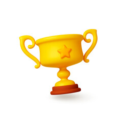 Elegance gold trophy 3d element. Isolated dolden winner cup on stand. Prize in competition or lottery, winner cup with star. Realistic vector design