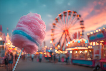 Holding pink cotton candy at the carnival with ferris wheel in background