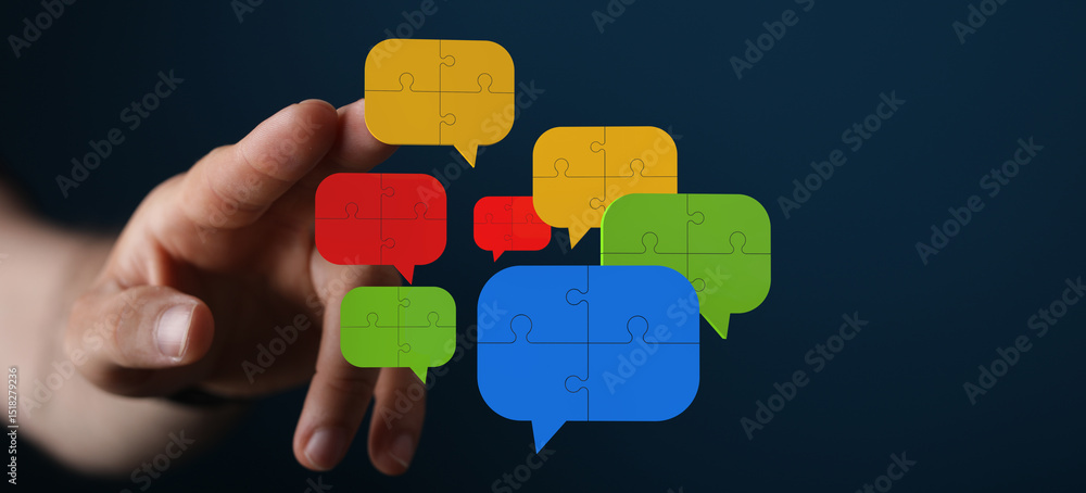Poster image depicts colorful puzzle pieces forming speech bubbles, symbolizing teamwork and communication.