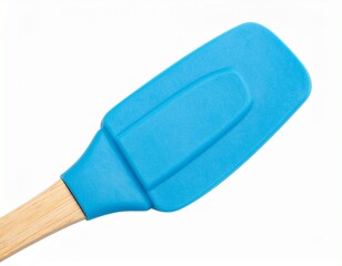 Blue silicone spatula kitchen utensil isolated on white background.
