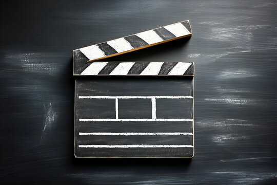 Movie clapperboard lying on chalkboard background symbolizing filmmaking